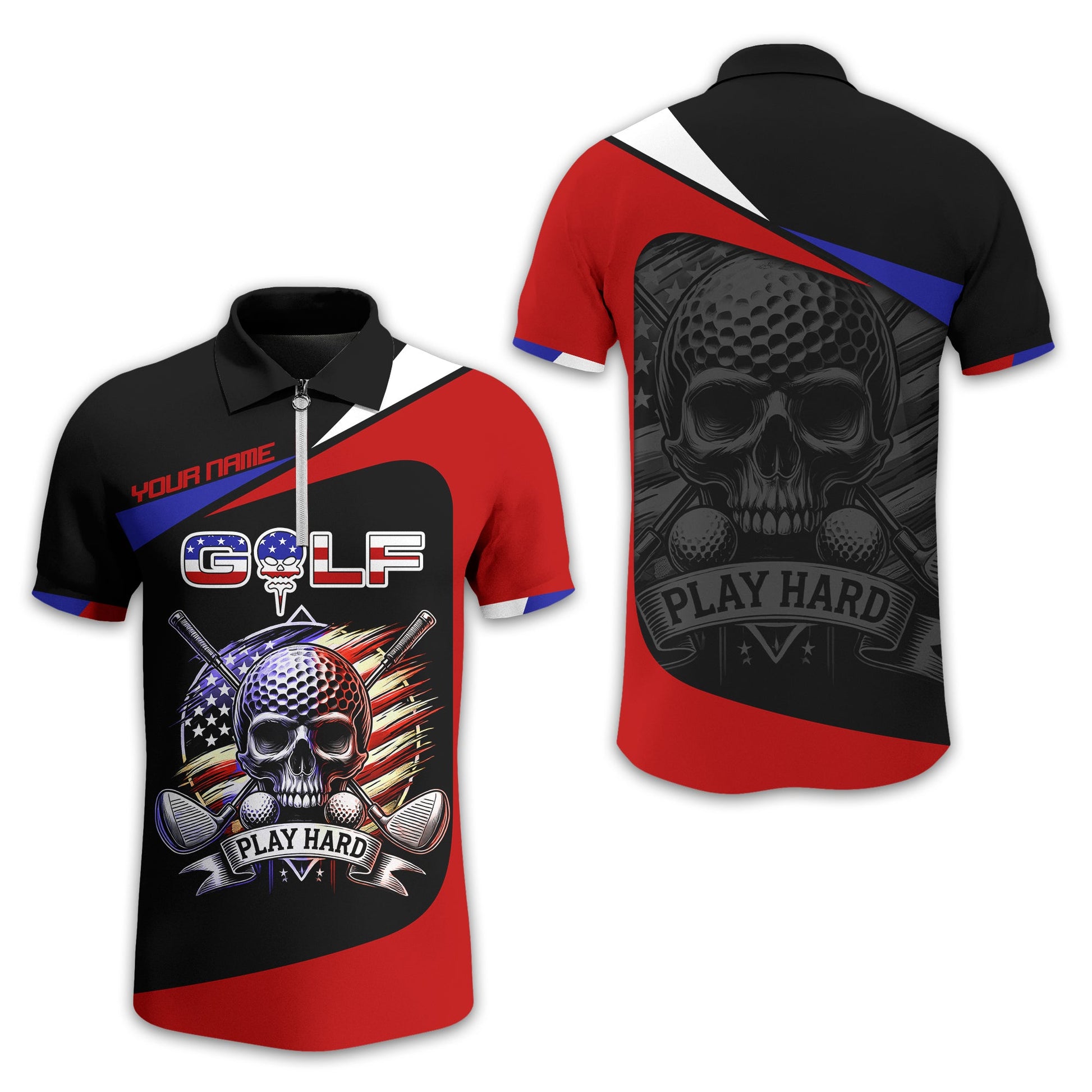 Skull And Flag Golf Shirt For Men, Personalized Golf Shirt, Patriotic Golf Shirt, Gift For Golfers