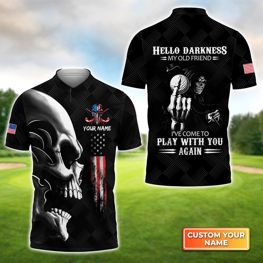 Golf American Flag Hello Darkness My Old Friend - Personalized Name 3D Polo Shirt Gift For Golfers