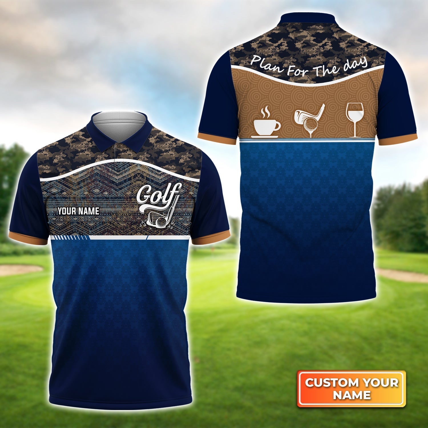 Blue Golf Jersey Plan For The Day Camo Pattern - Personalized Name 3D Polo Shirt Gift For Golfers