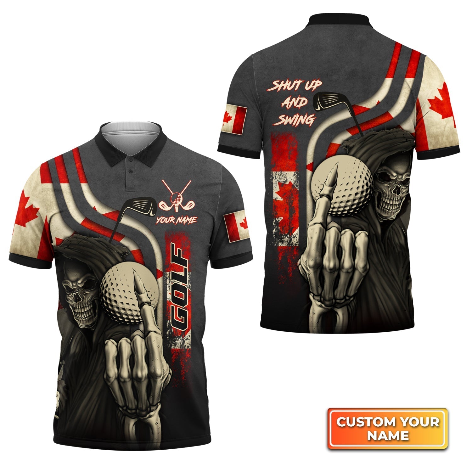 Canada Flag Skull Golf Shut Up And Swing - Personalized Name 3D Polo Shirt Gift For Golfers