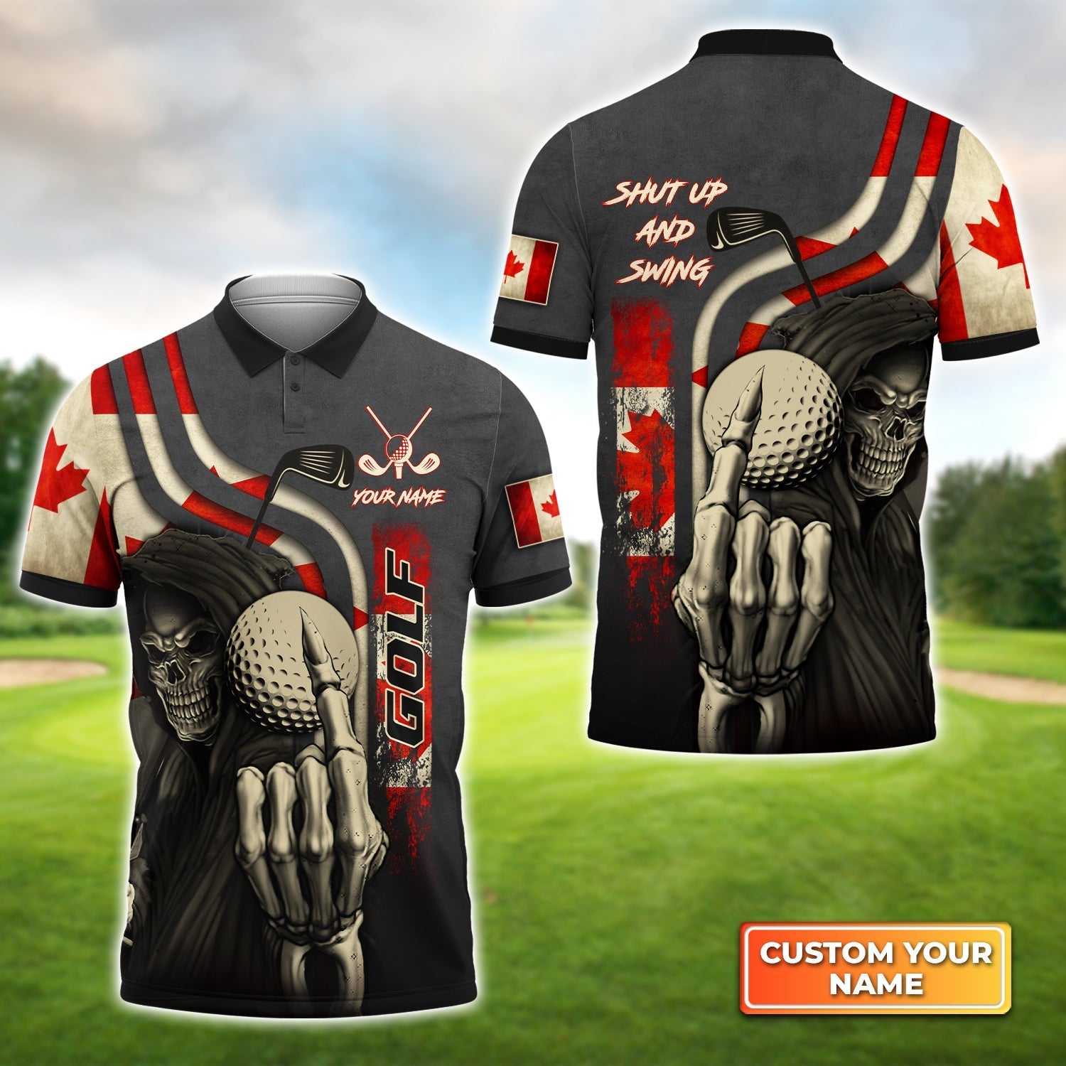 Canada Flag Skull Golf Shut Up And Swing - Personalized Name 3D Polo Shirt Gift For Golfers