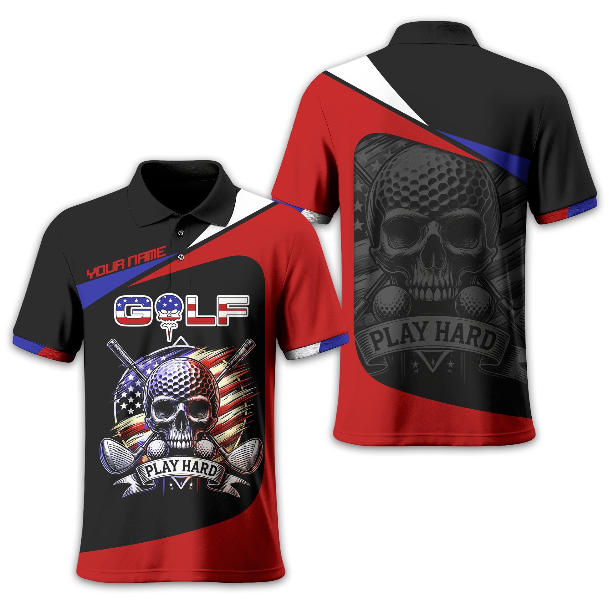 Skull And Flag Golf Shirt For Men, Personalized Golf Shirt, Patriotic Golf Shirt, Gift For Golfers