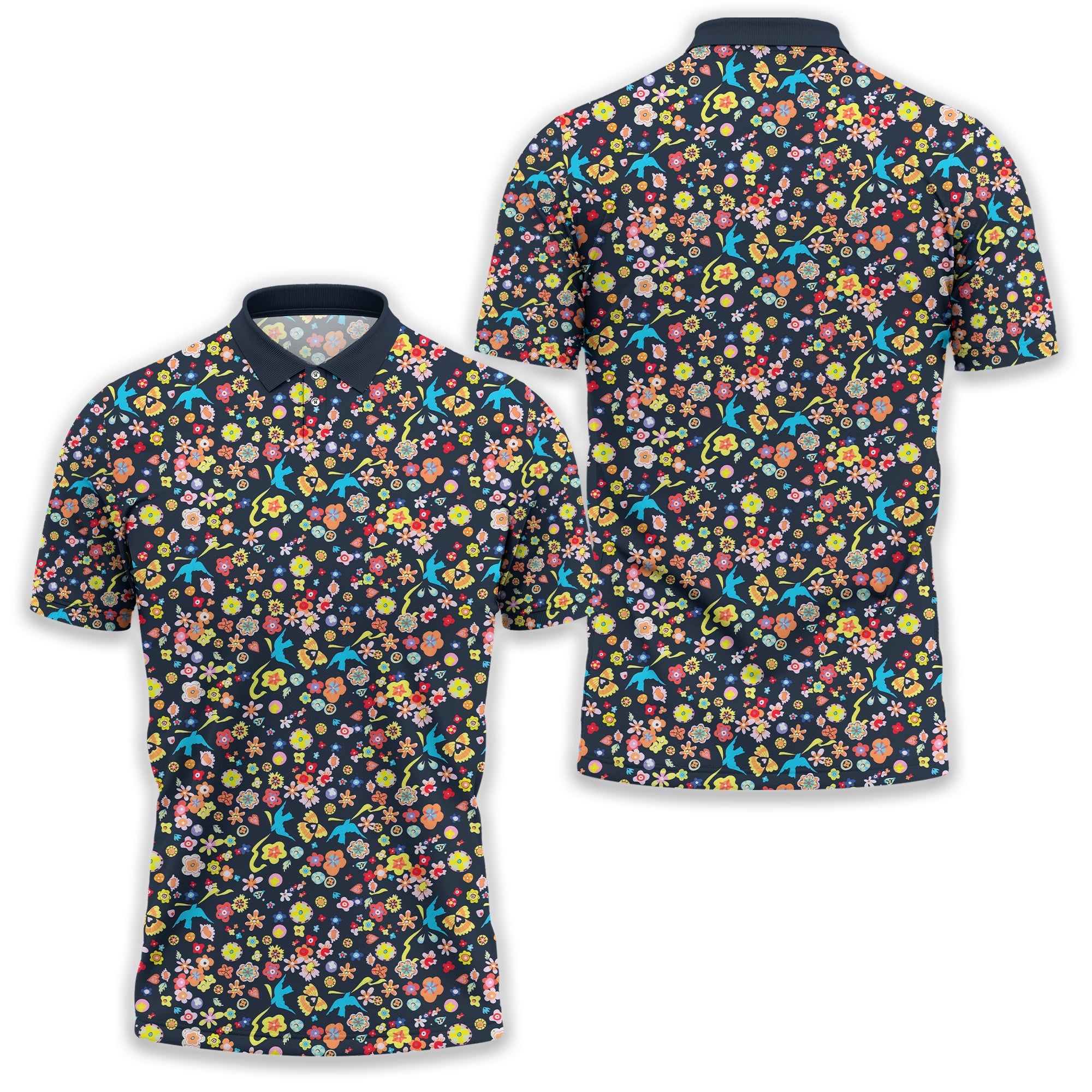 Floral Swallows Men's Golf Polo Shirt, Golfing Apparel, Gift For Golfers