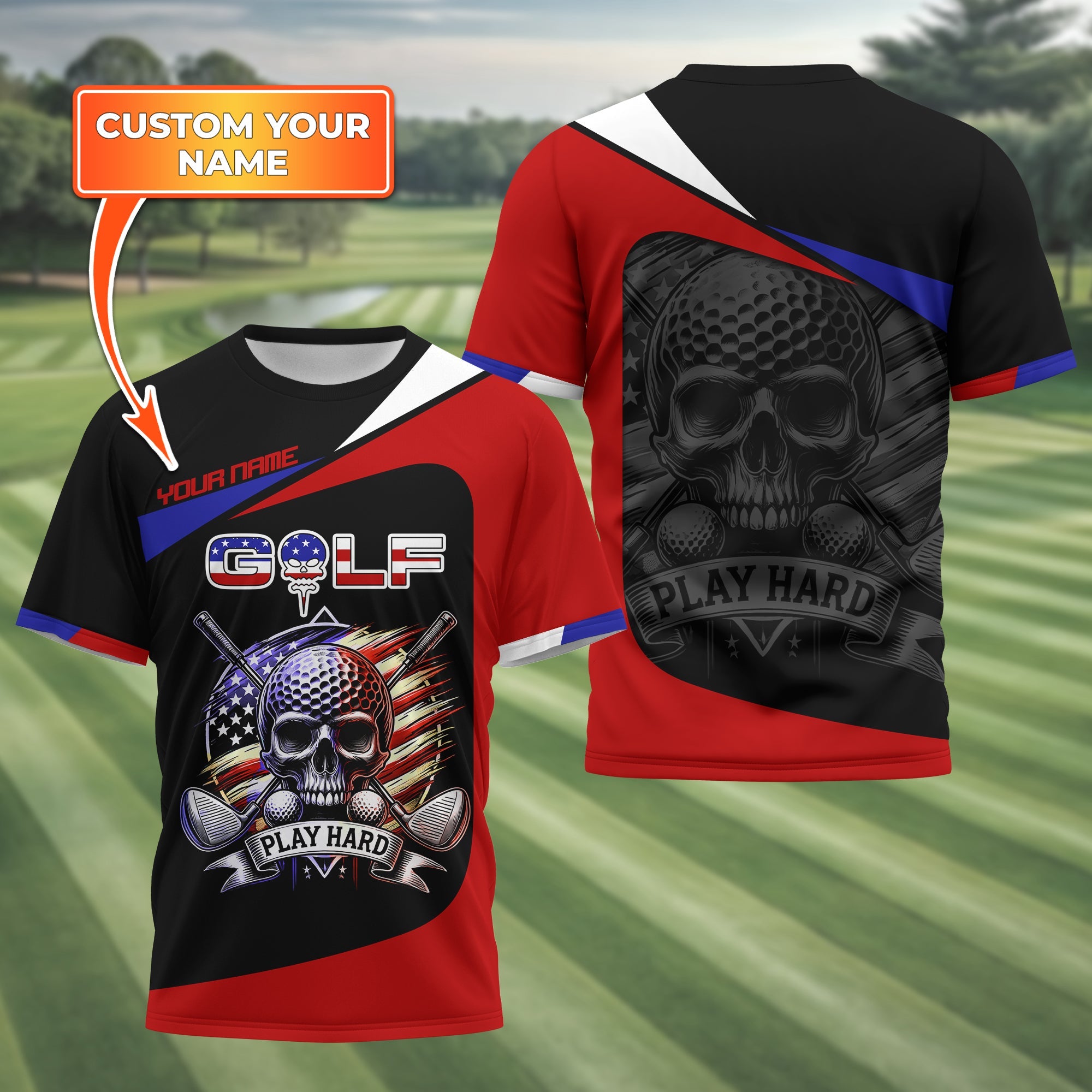 Skull And Flag Golf Shirt For Men, Personalized Golf Shirt, Patriotic Golf Shirt, Gift For Golfers