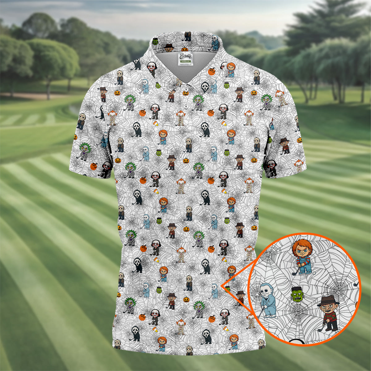 Funny Horror Character White Golf Polo Shirt, Horror Movie Shirt, Halloween Golf Shirt, Fun Golf Polos For Men