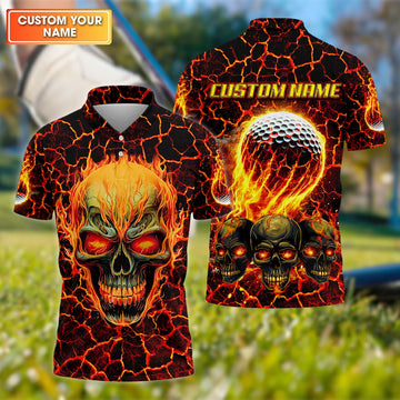 Custom Flaming Skull Men's Golf Polo Shirt, Funny Golf Shirt, Gift For Golfers