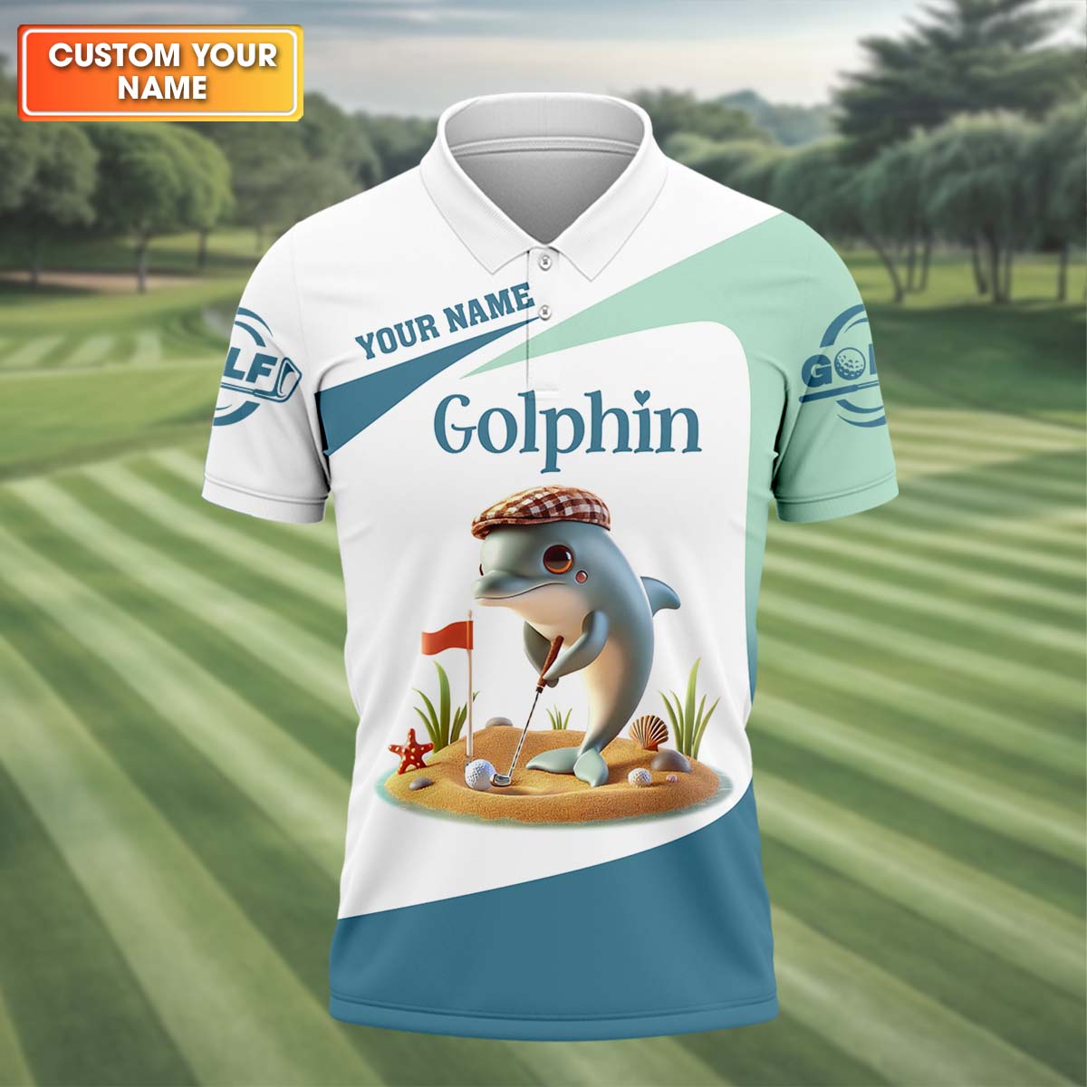 Golfin’ Dolphin Custom Golf Polo Shirt, Golfing Apparel, Mens Golf Gift, Funny Golf Polo Shirt