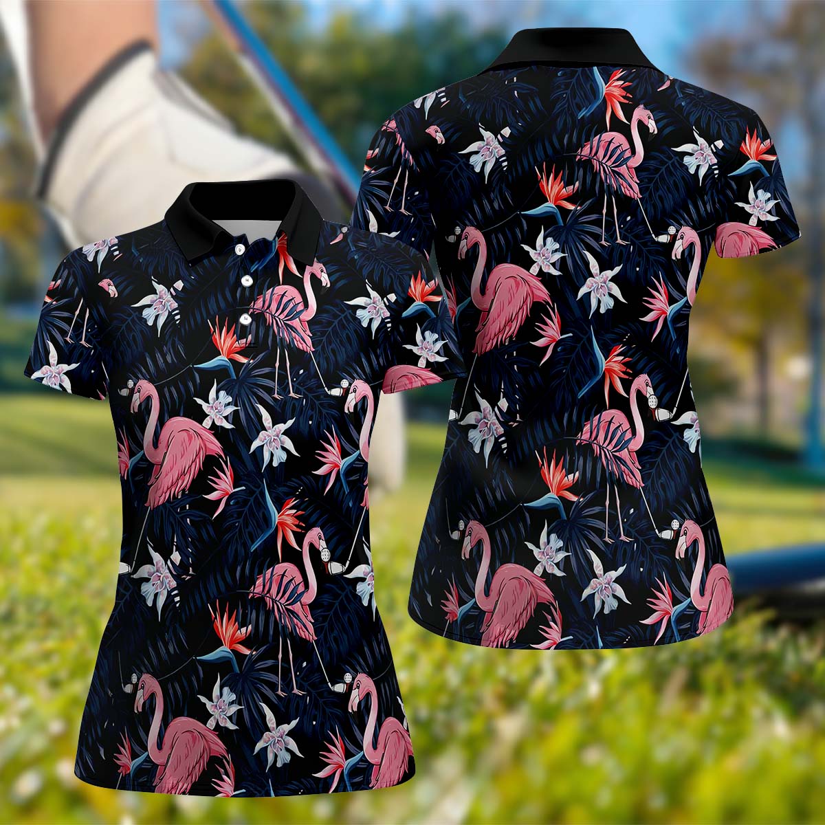Tropical Flamingo Womens Golf Polo Shirt, Custom Ladies Golf Shirt, Womens Golf Gifts