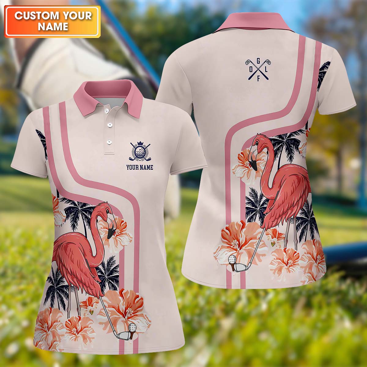 Pink Flamingo Womens Golf Polo Shirt, Custom Ladies Golf Shirt