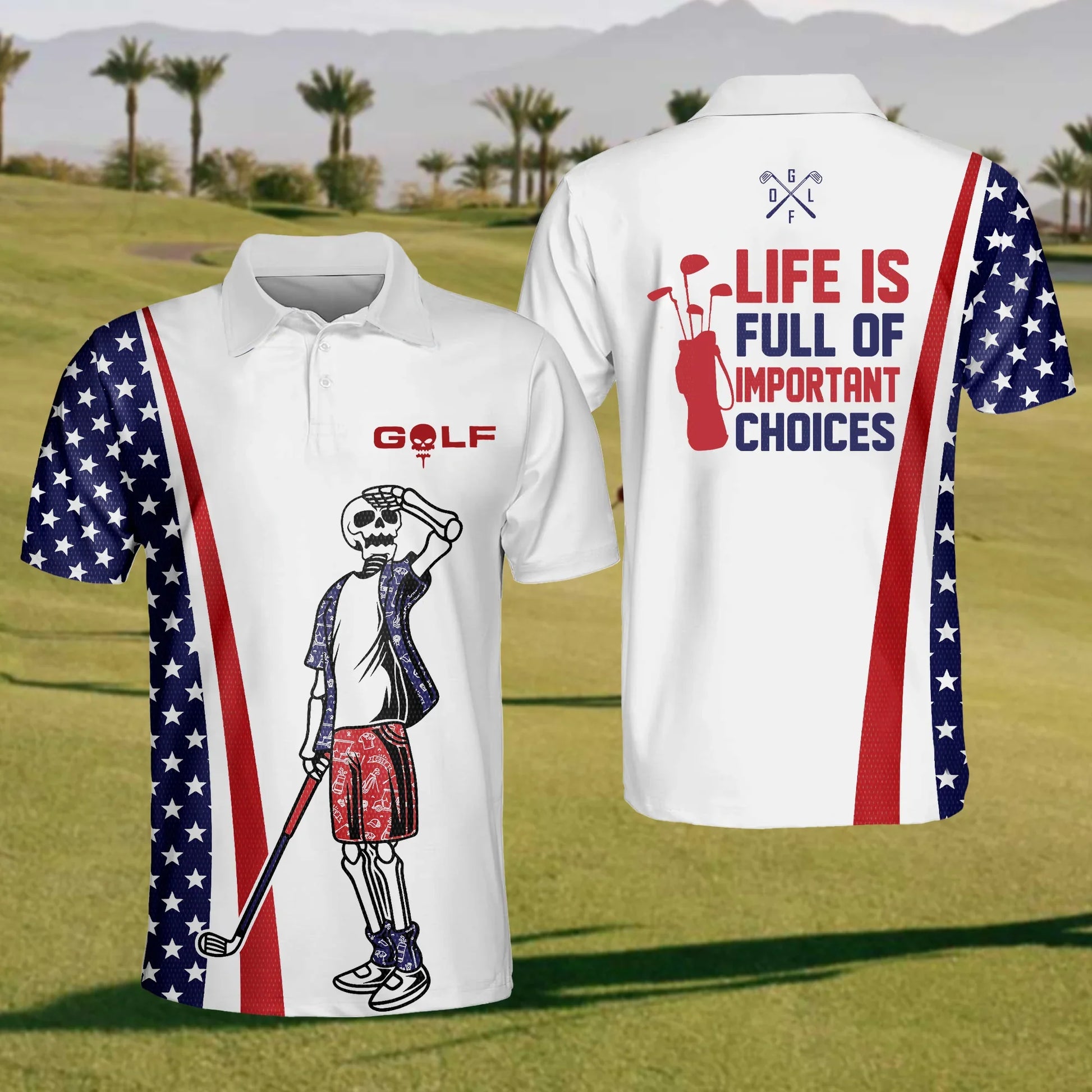 American Flag And Skull Golfer Men's Golf Polo Shirt, Funny Golf Shirt, Gift For Golfers