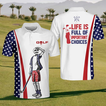 American Flag And Skull Golfer Men's Golf Polo Shirt, Funny Golf Shirt, Gift For Golfers