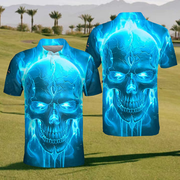 Blue Flame Skull Golf Polo Shirt, Mens Golf Gift, Golf Lover Gift