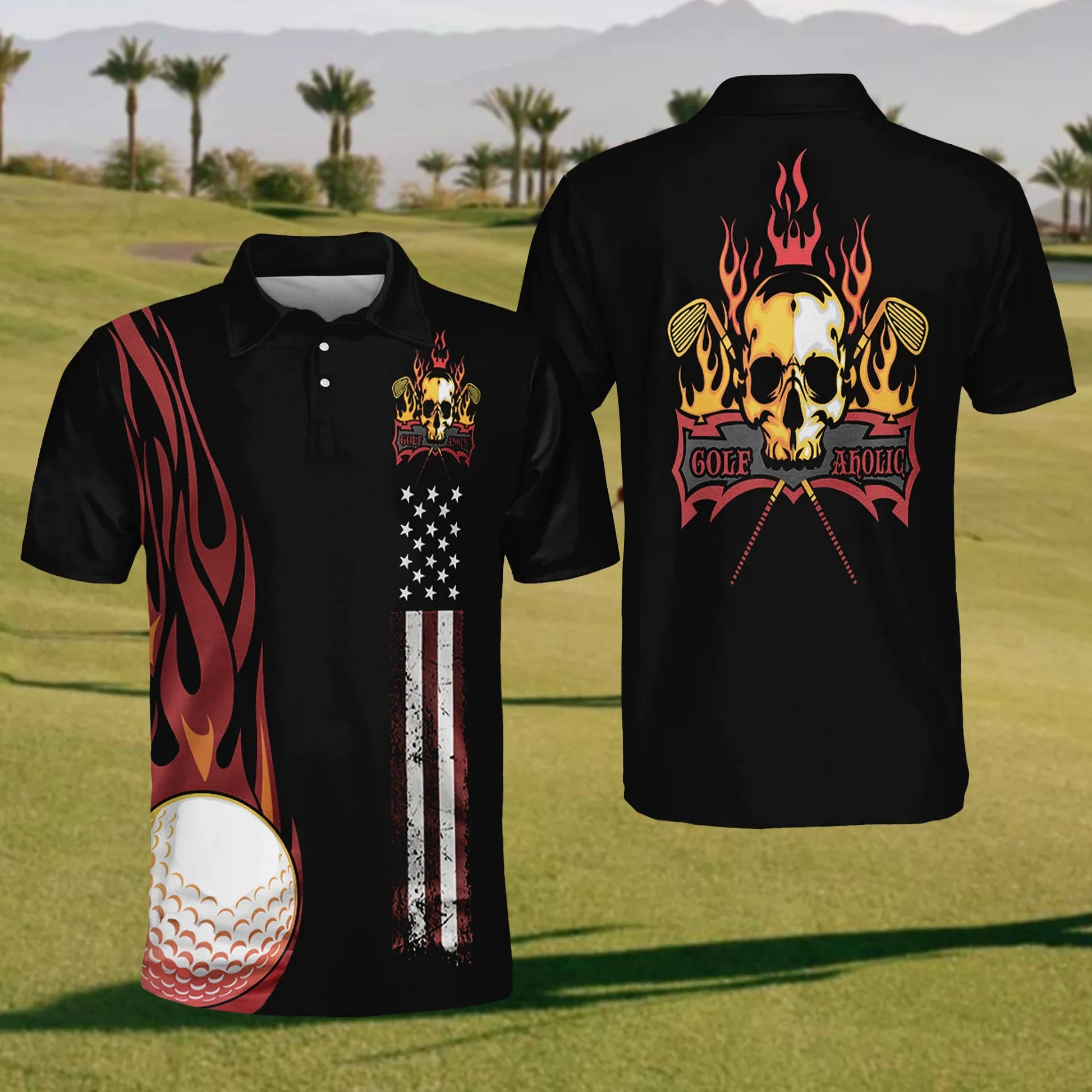 Fire Skull Mens Golf Polo Shirt, Mens Golf Shirt, Gift For Golf Lovers