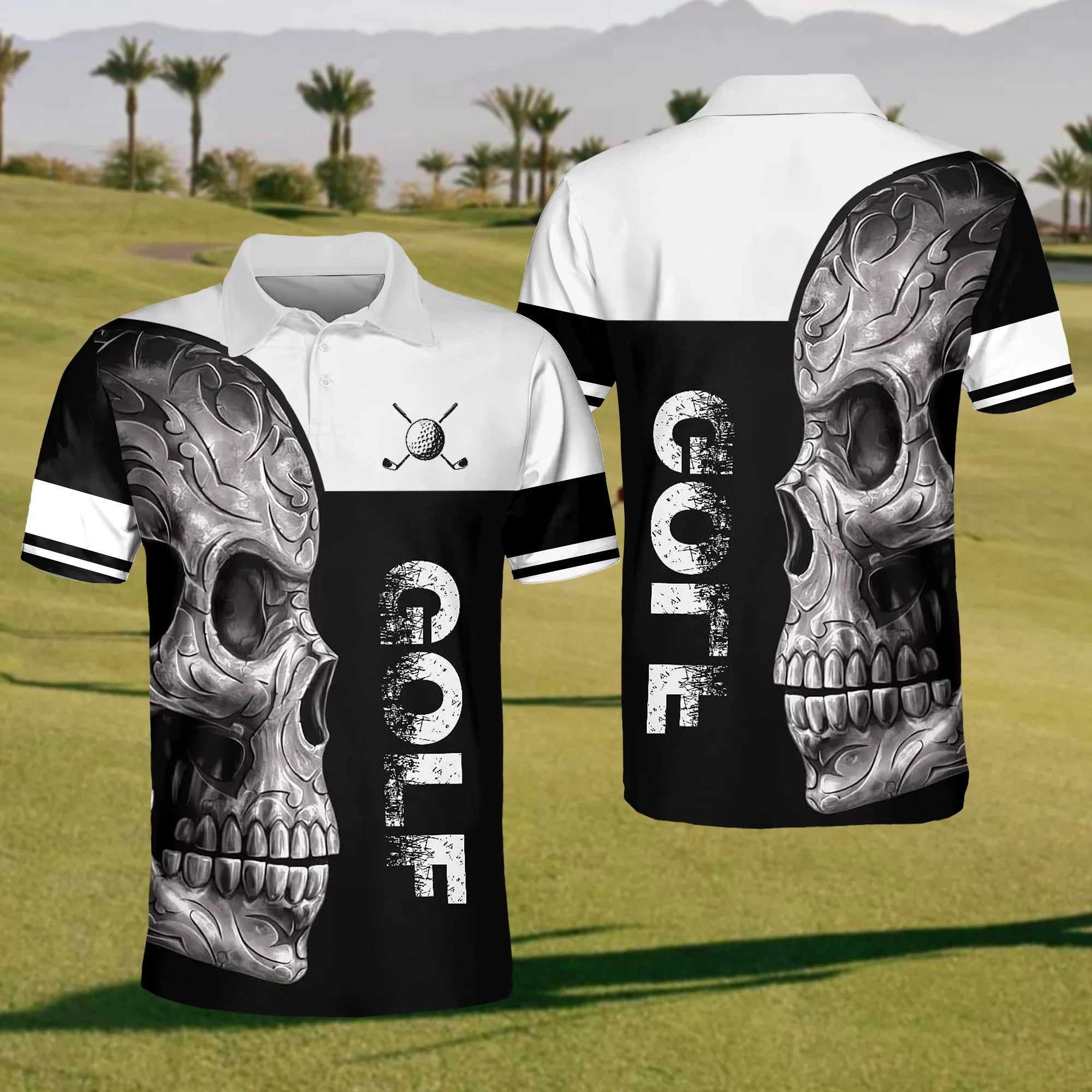 Dark Skull Mens Golf Polo Shirt, Mens Golf Gift, Mens Golf Shirt