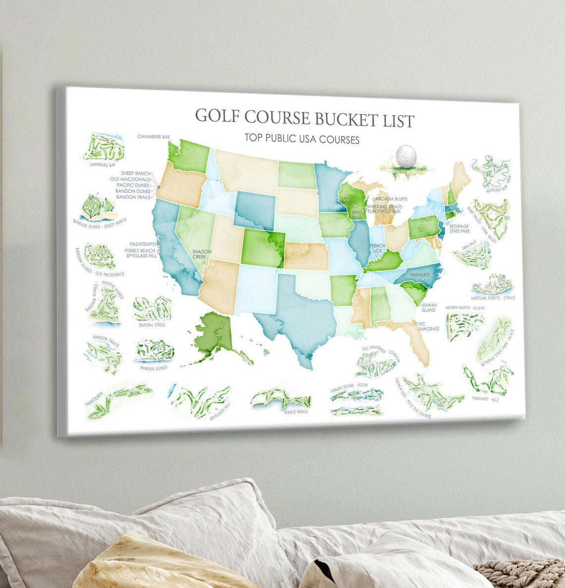 Golf Courses Bucket List Canvas, Golf Wall Art, Gift For Golfers