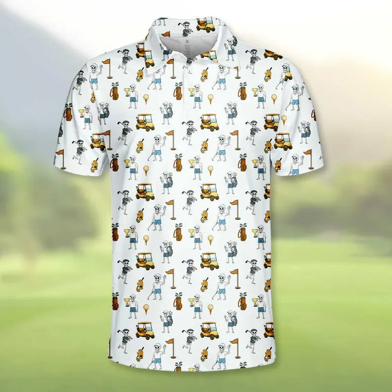 Funny Skeleton Patterned Golf Shirts, Skull Golf Shirt, Halloween Golf Gift Ideas For Him, Spooky Golf Men Golf Polo