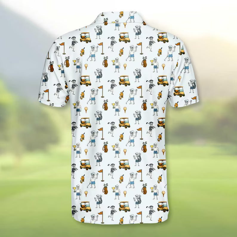 Funny Skeleton Patterned Golf Shirts, Skull Golf Shirt, Halloween Golf Gift Ideas For Him, Spooky Golf Men Golf Polo
