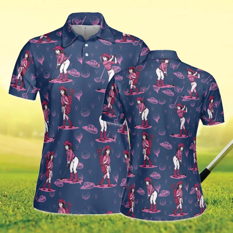 Cowgirl Golf Polo Ladies, Cowgirl Patterned Golf Shirts, Vintage Cowgirl Womens Golf Tops, Western Golf Shirts Women