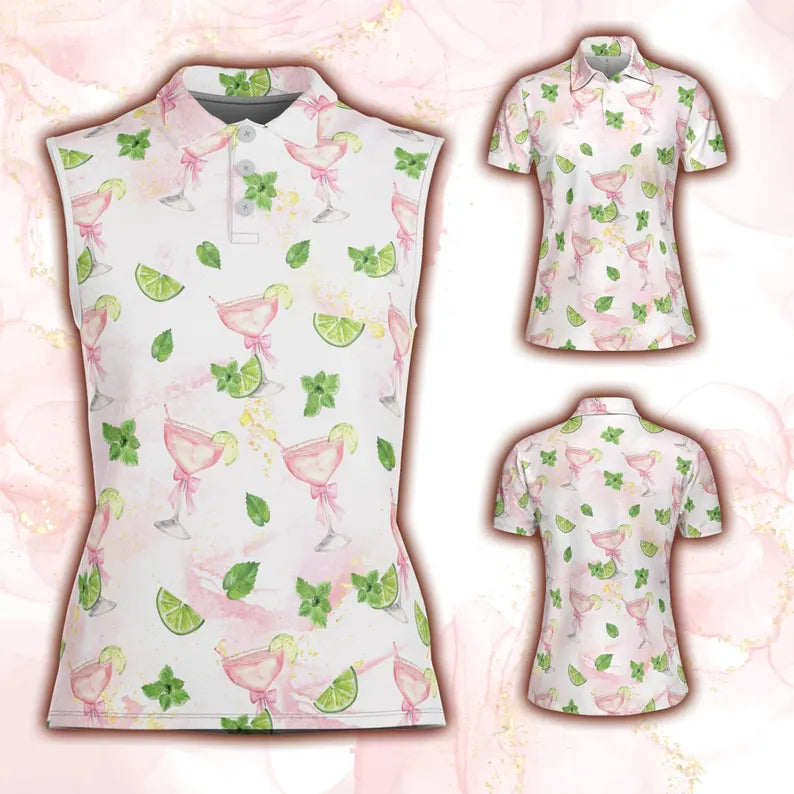 Margarita Ladies Golf Tops, Coquette Aesthetic Cocktail Womens Golf Tops, Pink Drink Patterned Golf Shirts