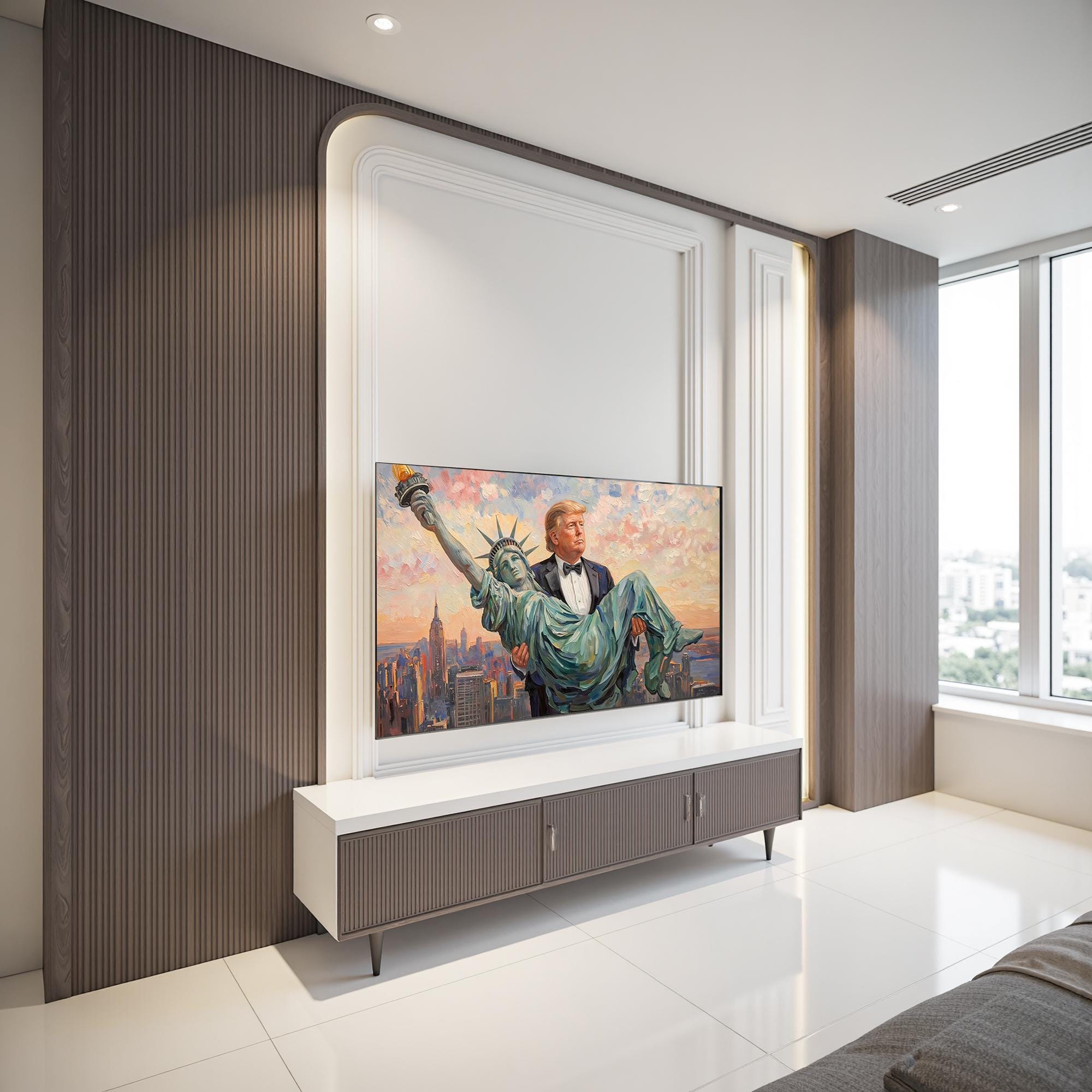 Trump Carrying The Statue of Liberty Canvas Wall Art, Funny Patriotic Art, Trump Gifts