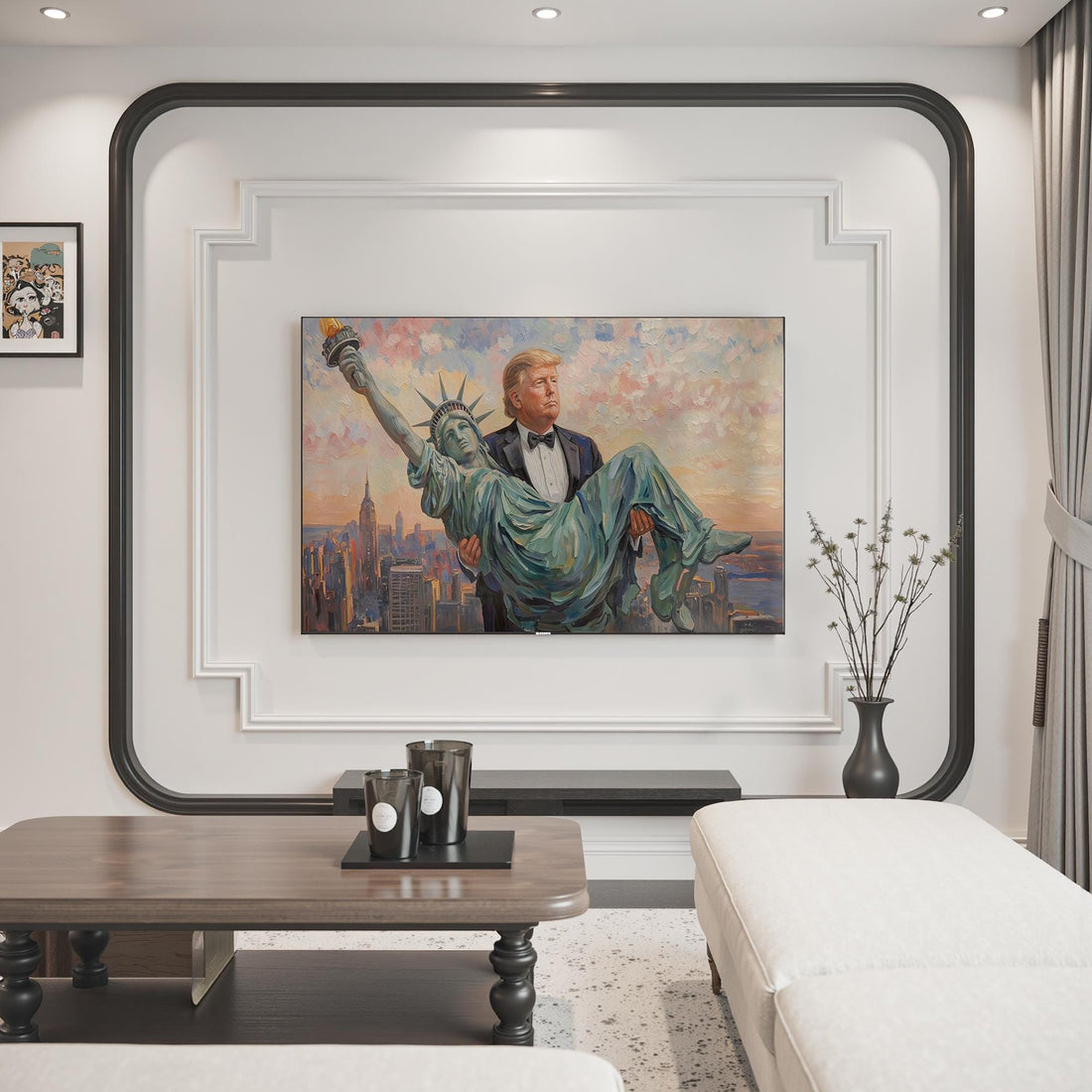 Trump Carrying The Statue of Liberty Canvas Wall Art, Funny Patriotic Art, Trump Gifts