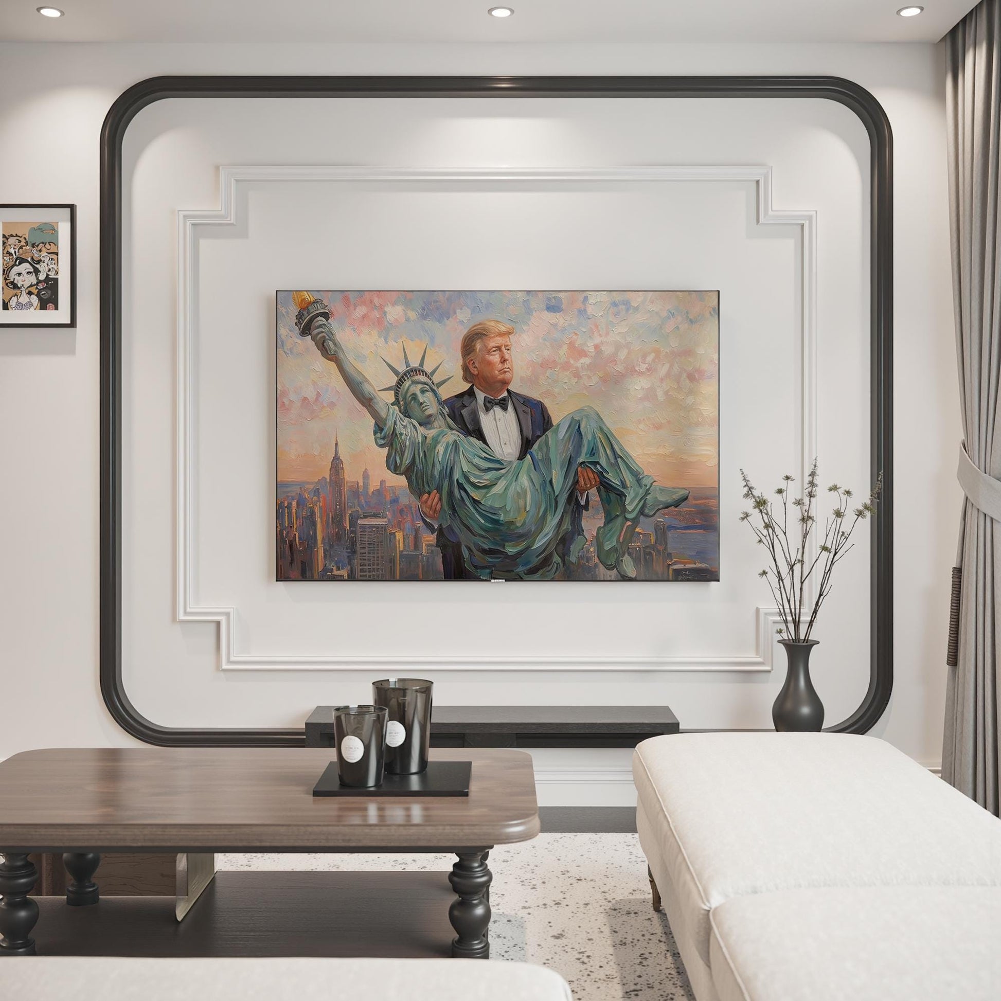 Trump Carrying The Statue of Liberty Canvas Wall Art, Funny Patriotic Art, Trump Gifts