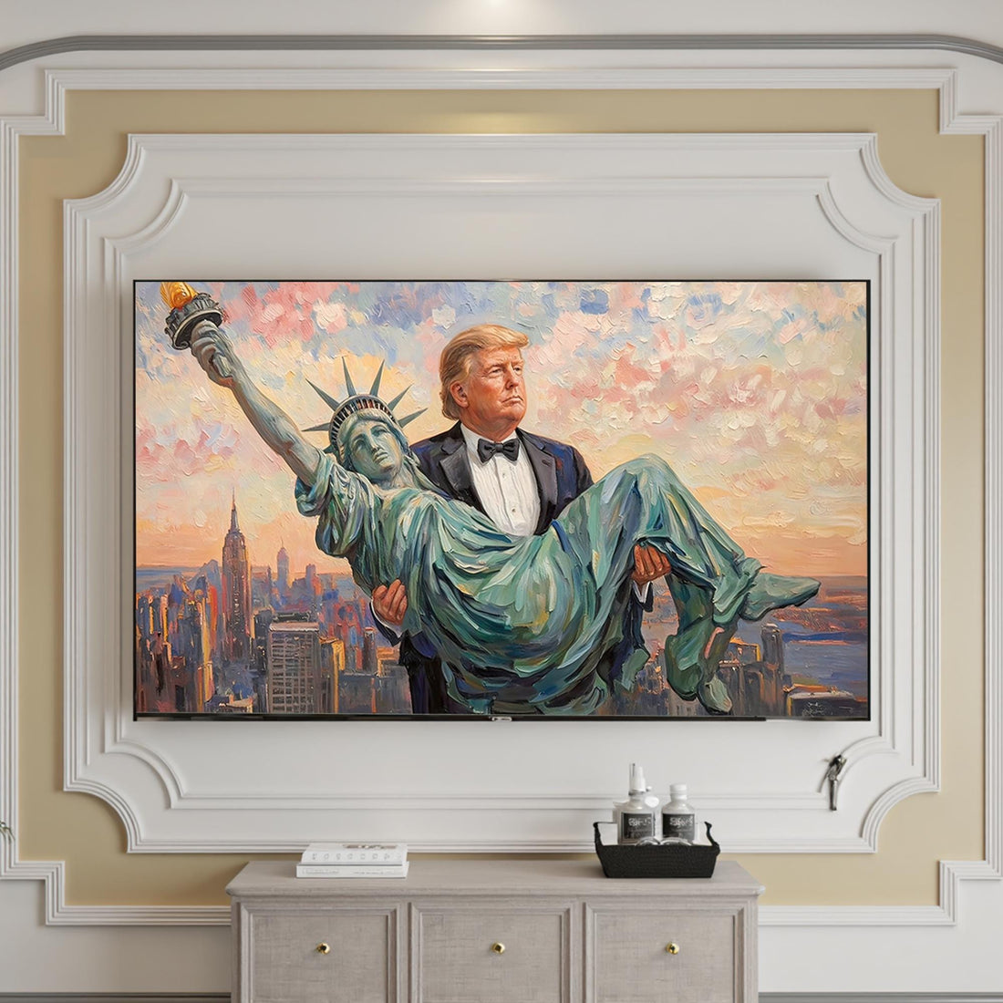 Trump Carrying The Statue of Liberty Canvas Wall Art, Funny Patriotic Art, Trump Gifts