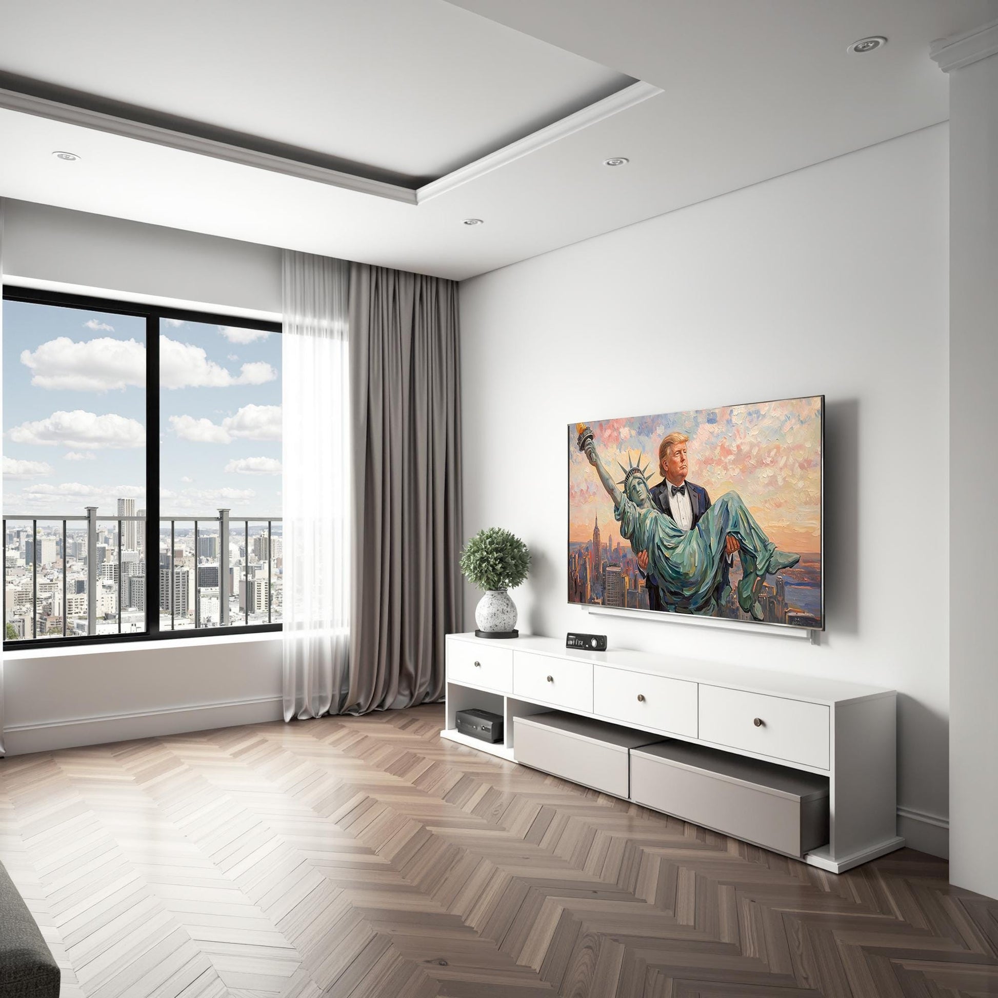 Trump Carrying The Statue of Liberty Canvas Wall Art, Funny Patriotic Art, Trump Gifts