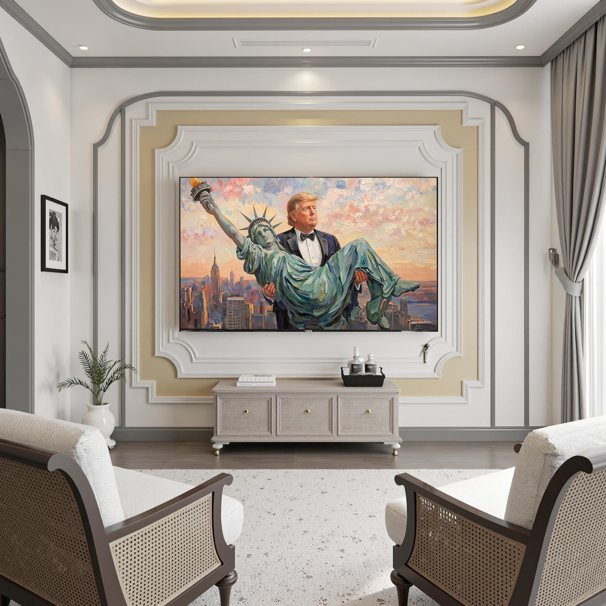 Trump Carrying The Statue of Liberty Canvas Wall Art, Funny Patriotic Art, Trump Gifts