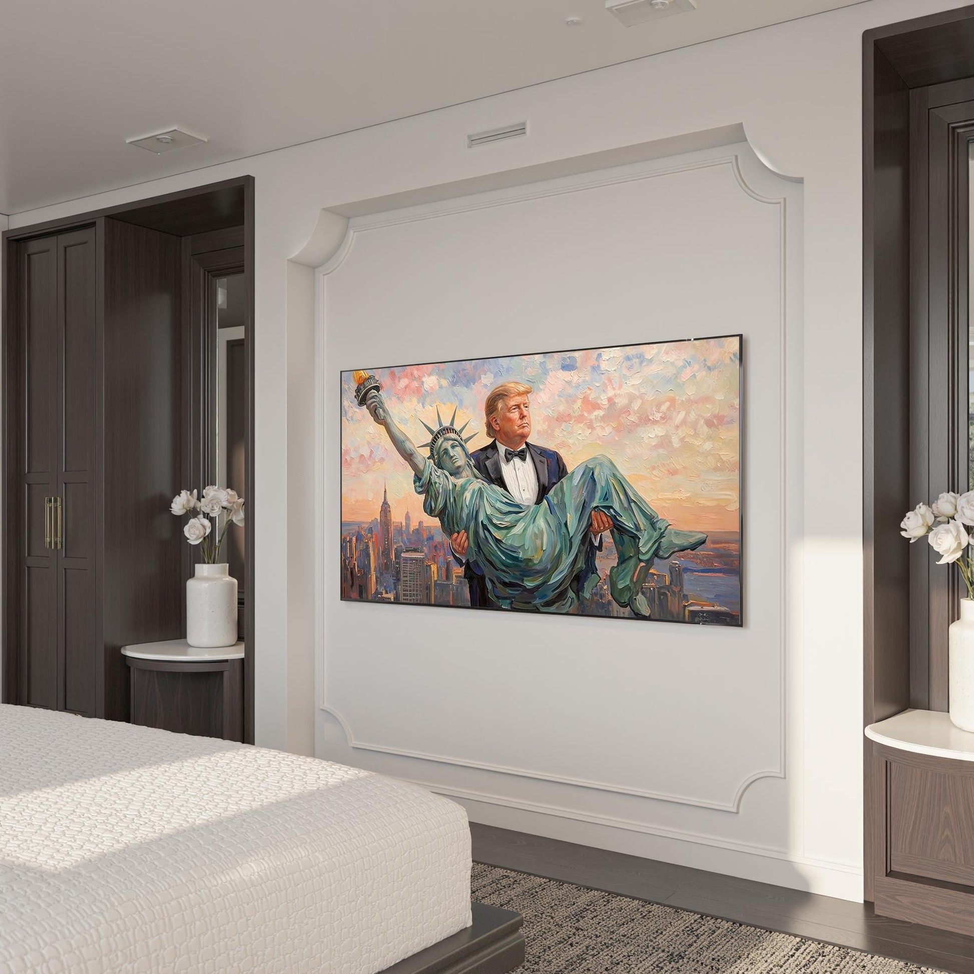 Trump Carrying The Statue of Liberty Canvas Wall Art, Funny Patriotic Art, Trump Gifts