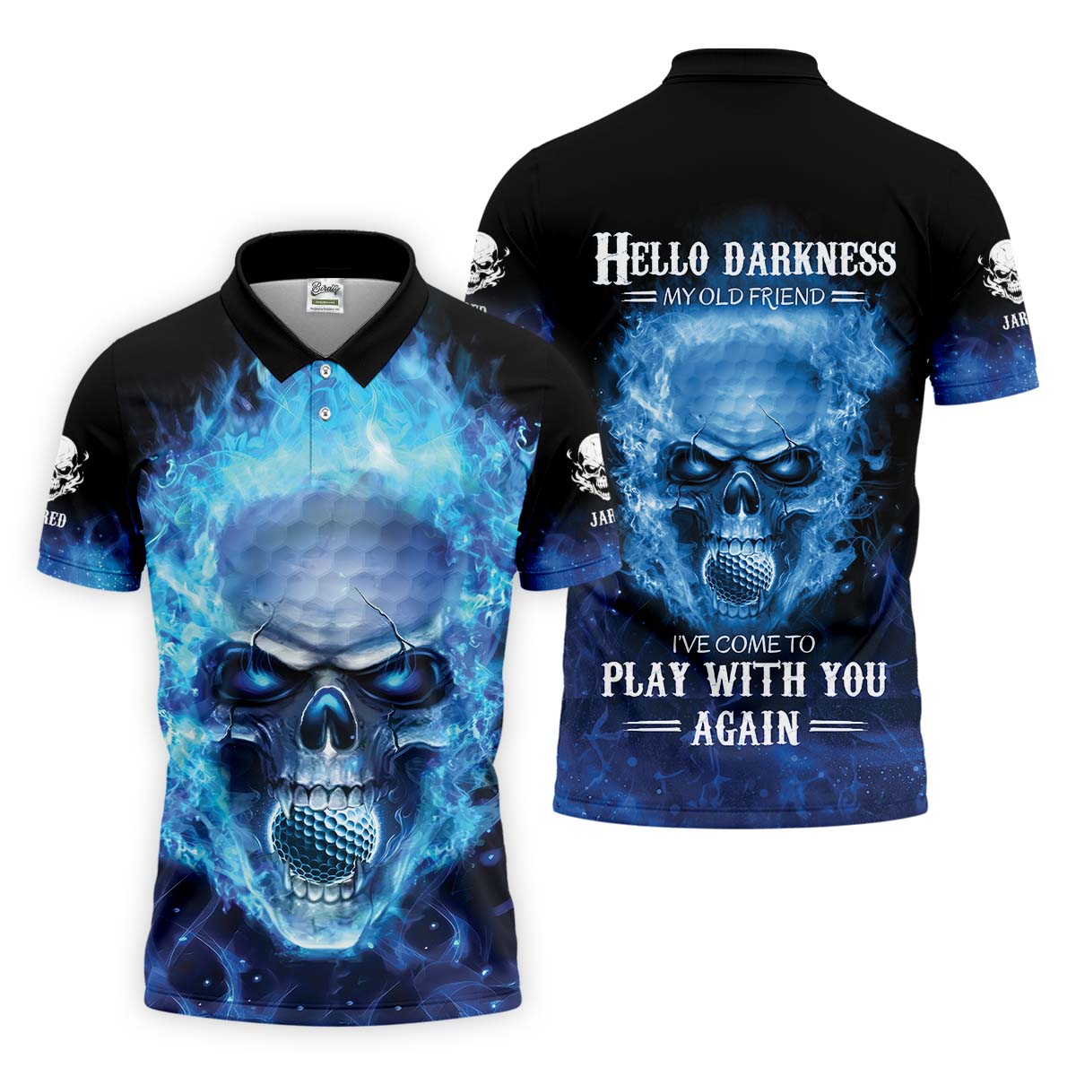 Hello Darkness My Old Friend Blue Flame Skull Golf Polo Shirt, Golf Apparel, Golf Gift For Men