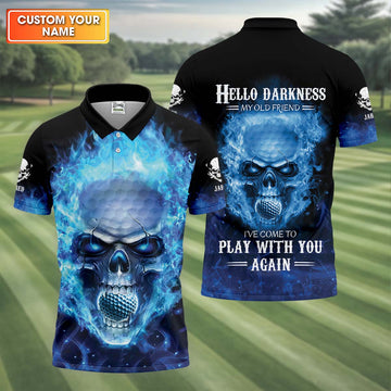 Hello Darkness My Old Friend Blue Flame Skull Golf Polo Shirt, Golf Apparel, Golf Gift For Men