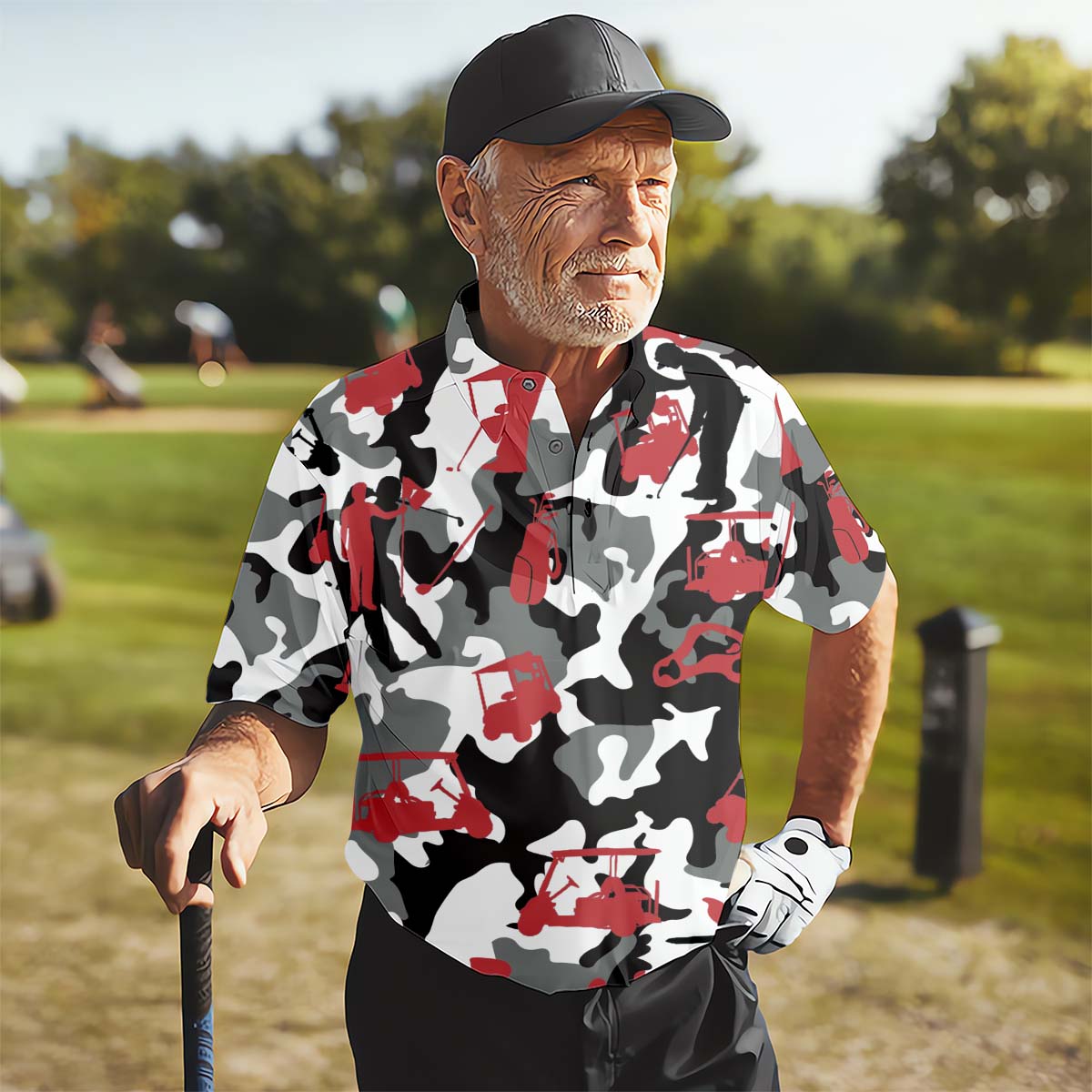 Red Black And White Camouflage Golf Polo Shirt, Golfing Apparel, Golf Clothing, Mens Golf Gift