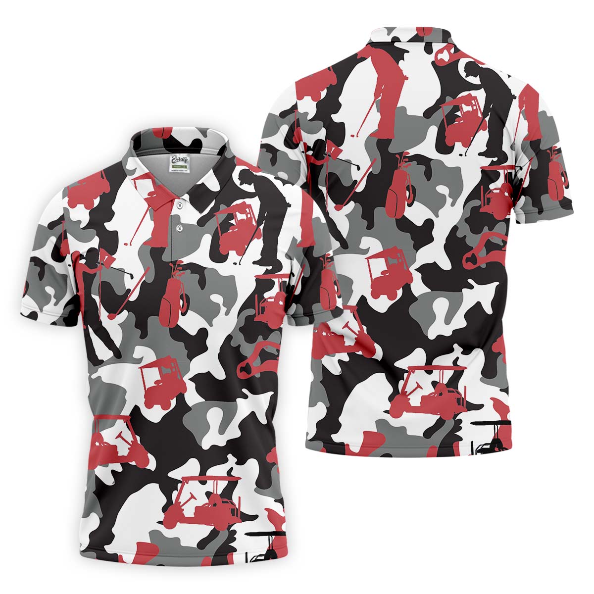 Red Black And White Camouflage Golf Polo Shirt, Golfing Apparel, Golf Clothing, Mens Golf Gift