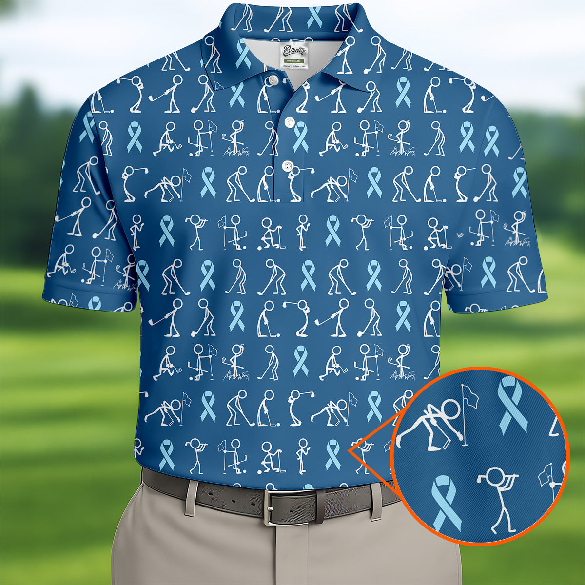 Prostate Cancer Blue Ribbon Stick Figure Shirt, Cancer Survivor Shirt, Cancer Awareness Shirt, Men's Golf Polo