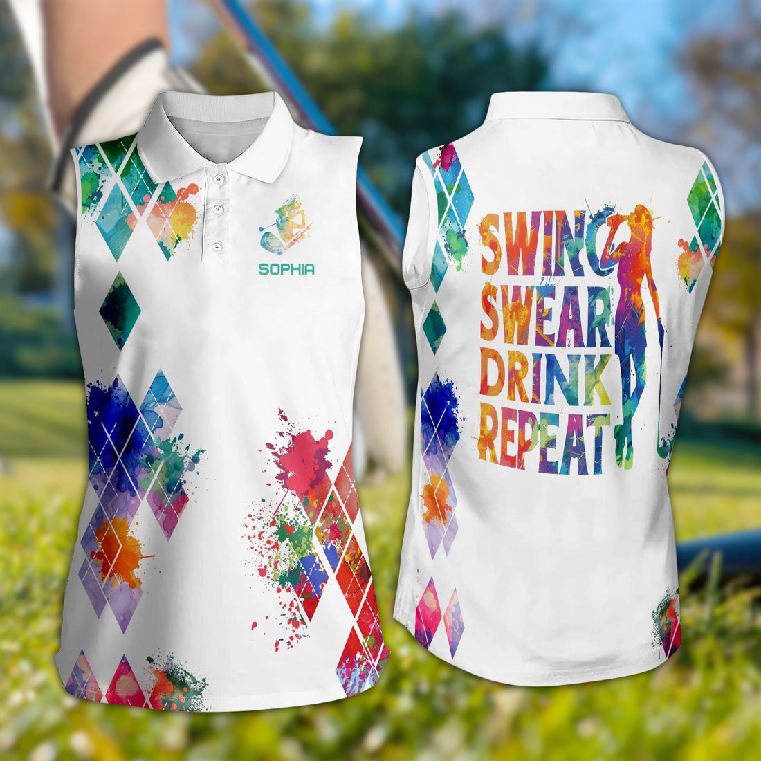 Swing Swear Drink Repeat Custom Name Golf Polo Shirt, Women Sleeveless Polo Shirt, Gift For Golfers