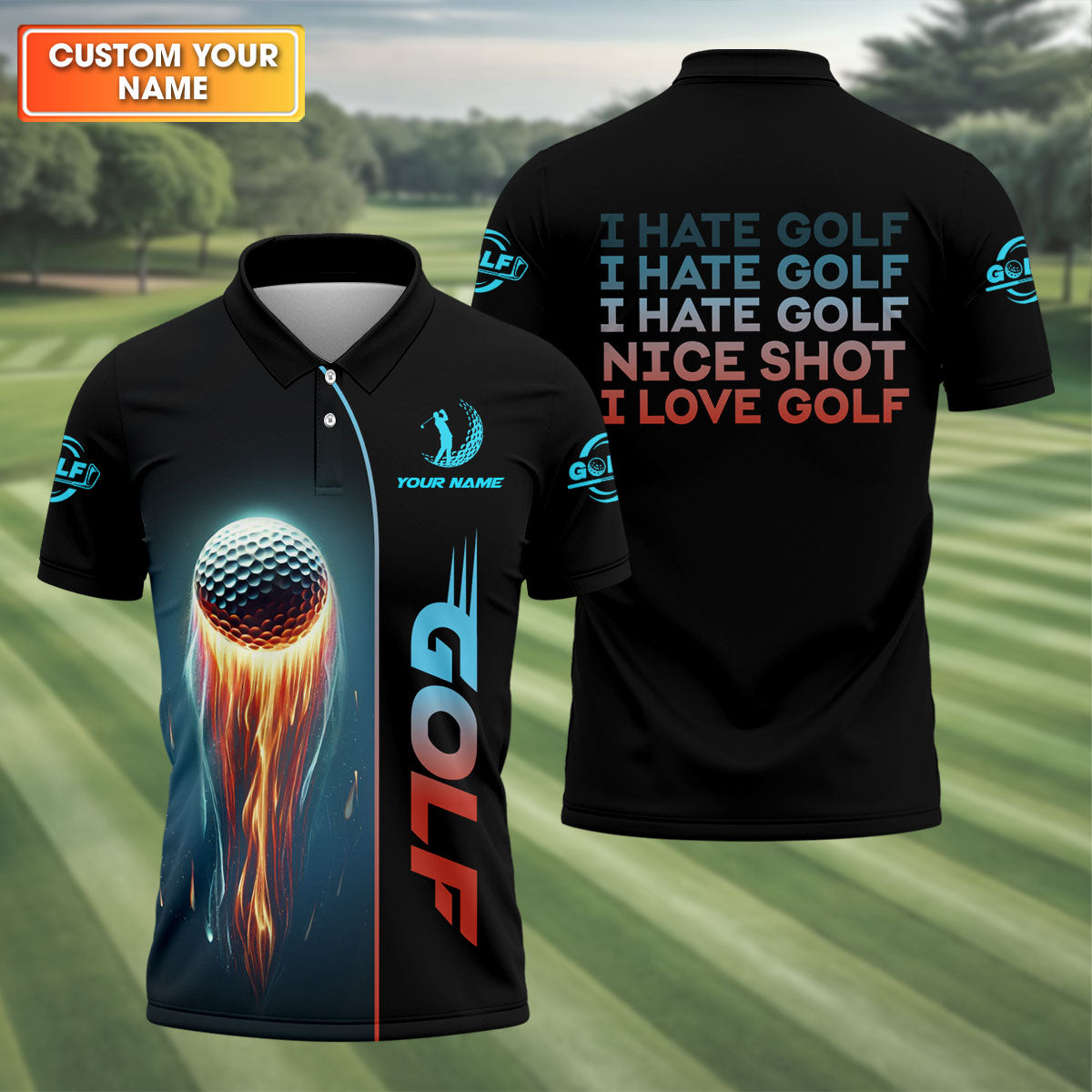 I Hate Golf Nice Shot I Love Golf, Shooting Star Custom Men's Golf Polo Shirt, Golfing Apparel, Mens Golf Gift