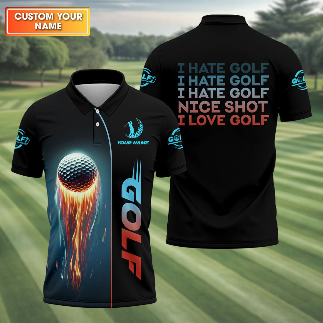 I Hate Golf Nice Shot I Love Golf, Shooting Star Custom Men's Golf Polo Shirt, Golfing Apparel, Mens Golf Gift