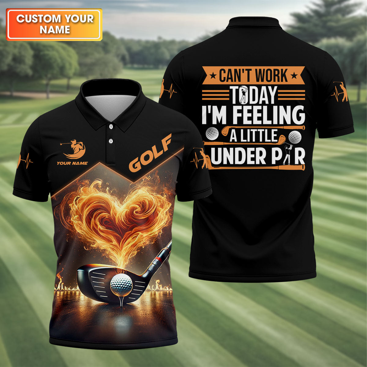 Flaming Heart Custom Men's Golf Polo Shirt, Golfing Apparel, Mens Golf Gift