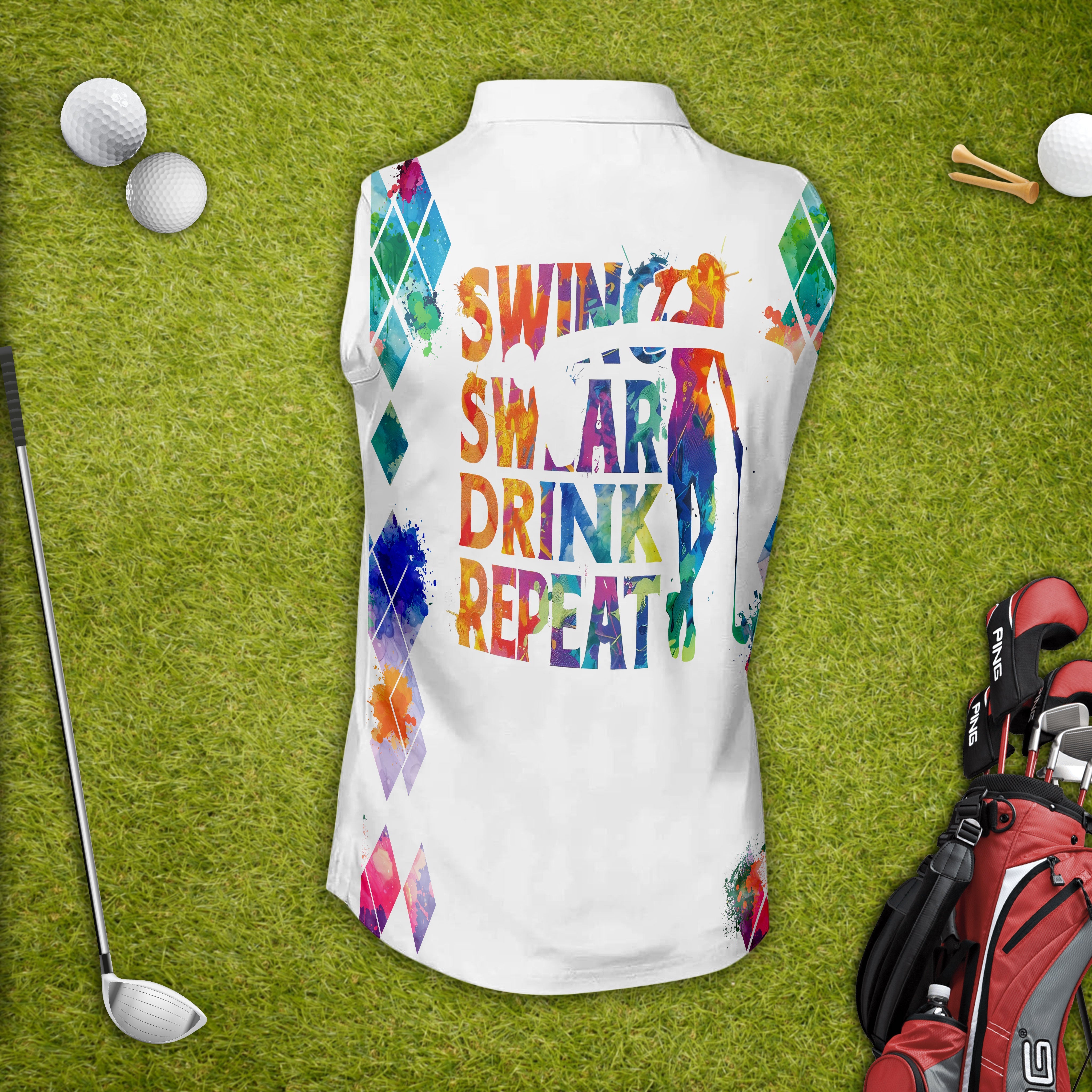 Swing Swear Drink Repeat Custom Name Golf Polo Shirt, Women Sleeveless Polo Shirt, Gift For Golfers