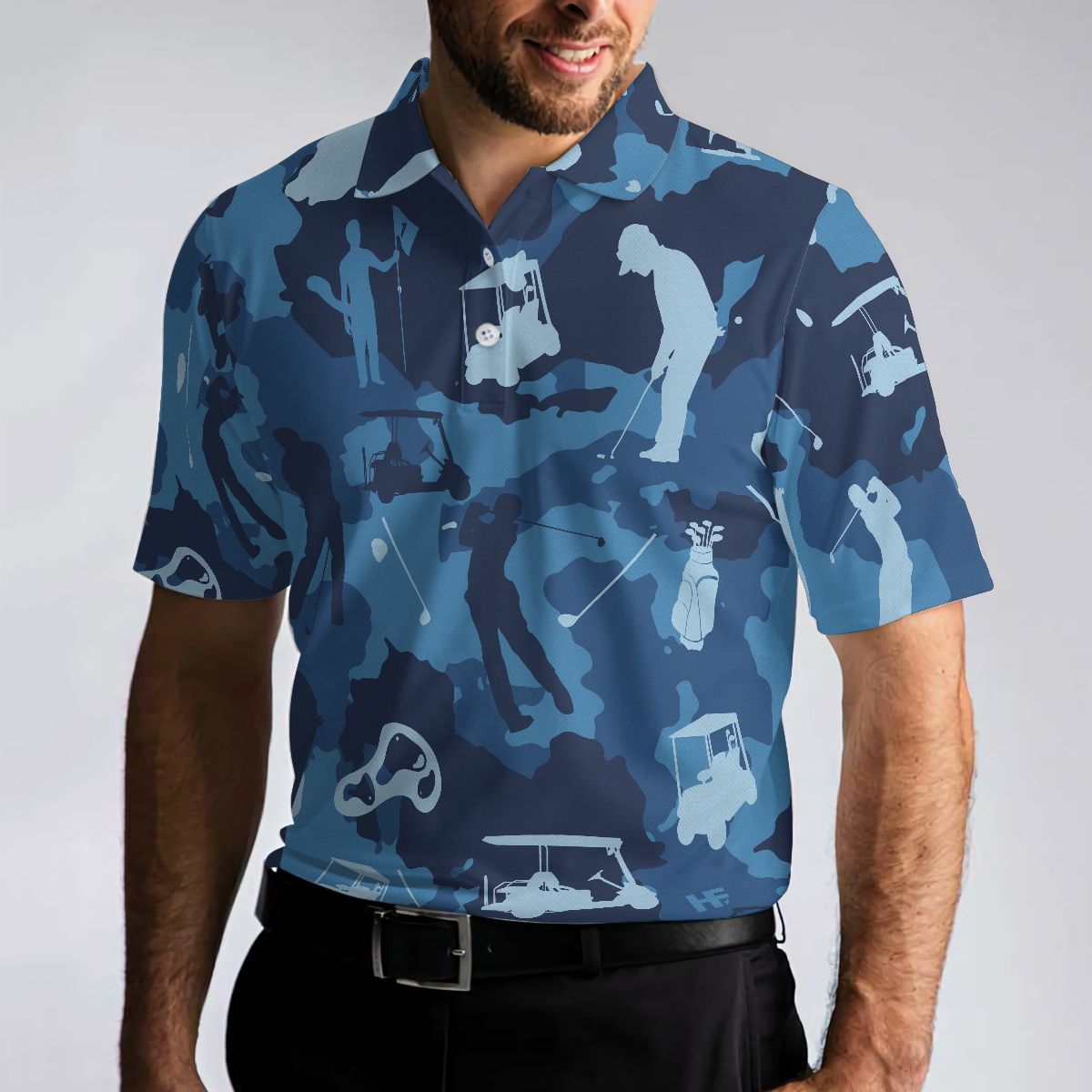 Blue Camouflage Golf Polo Shirt, Golfing Apparel, Golf Clothing, Mens Golf Gift