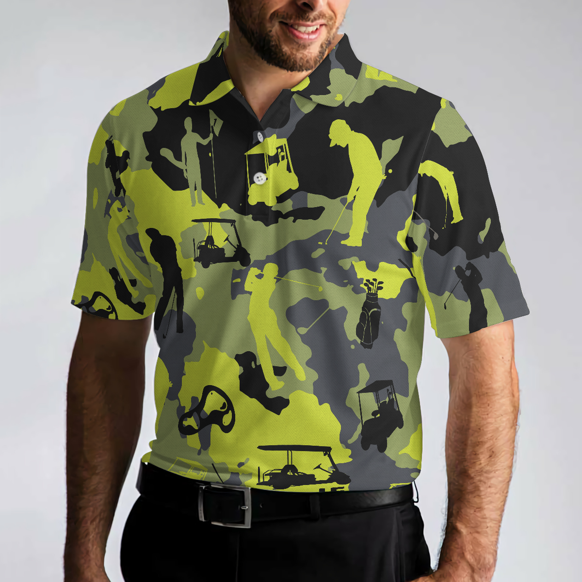 Green And Grey Camouflage Golf Polo Shirt, Golfing Apparel, Golf Clothing, Mens Golf Gift