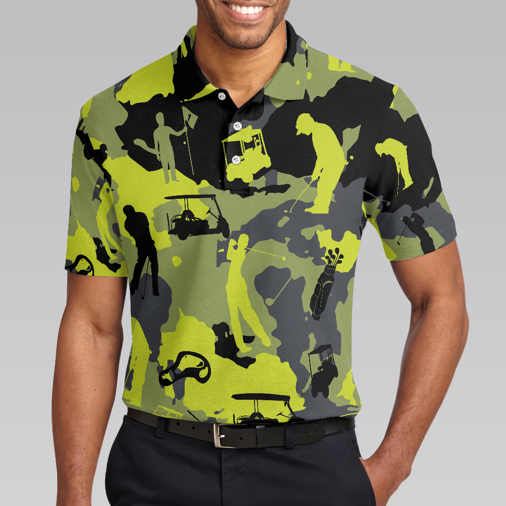 Green And Grey Camouflage Golf Polo Shirt, Golfing Apparel, Golf Clothing, Mens Golf Gift