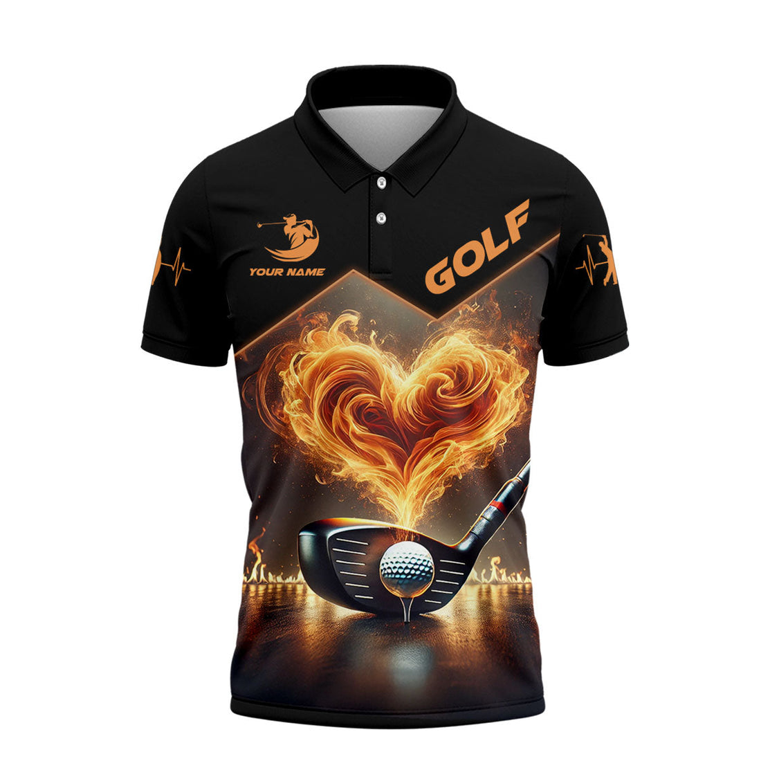 Flaming Heart Custom Men's Golf Polo Shirt, Golfing Apparel, Mens Golf Gift
