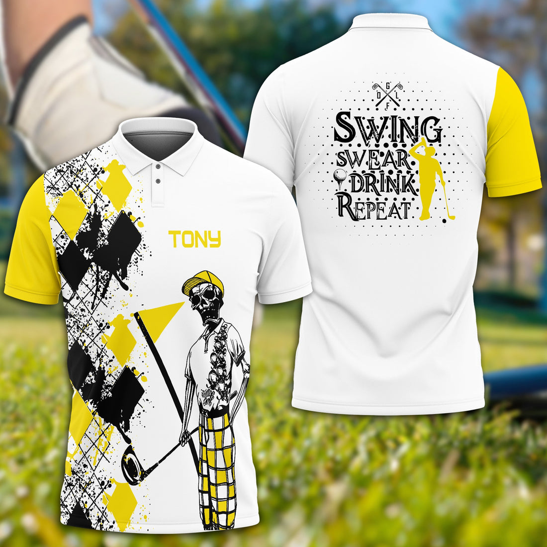 Swing Swear Drink Repeat Personalized Name 3D Golf Polo Shirt, Golf Shirt, Gift For Golfers