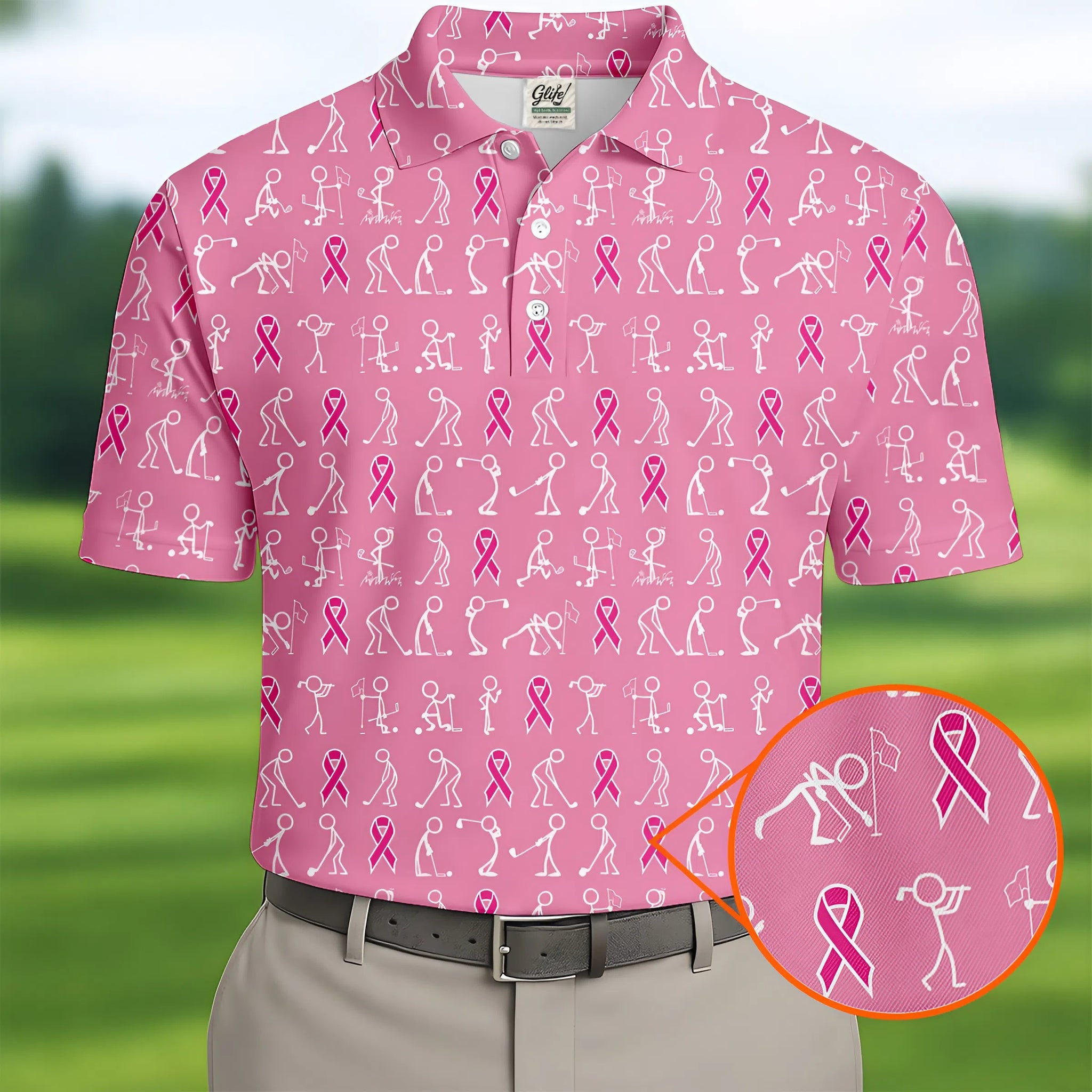 Funny Stick Figure Men's Golf Shirt, Breast Cancer Awareness Shirt, Pink Golf Shirt, Golf Shirts For Men