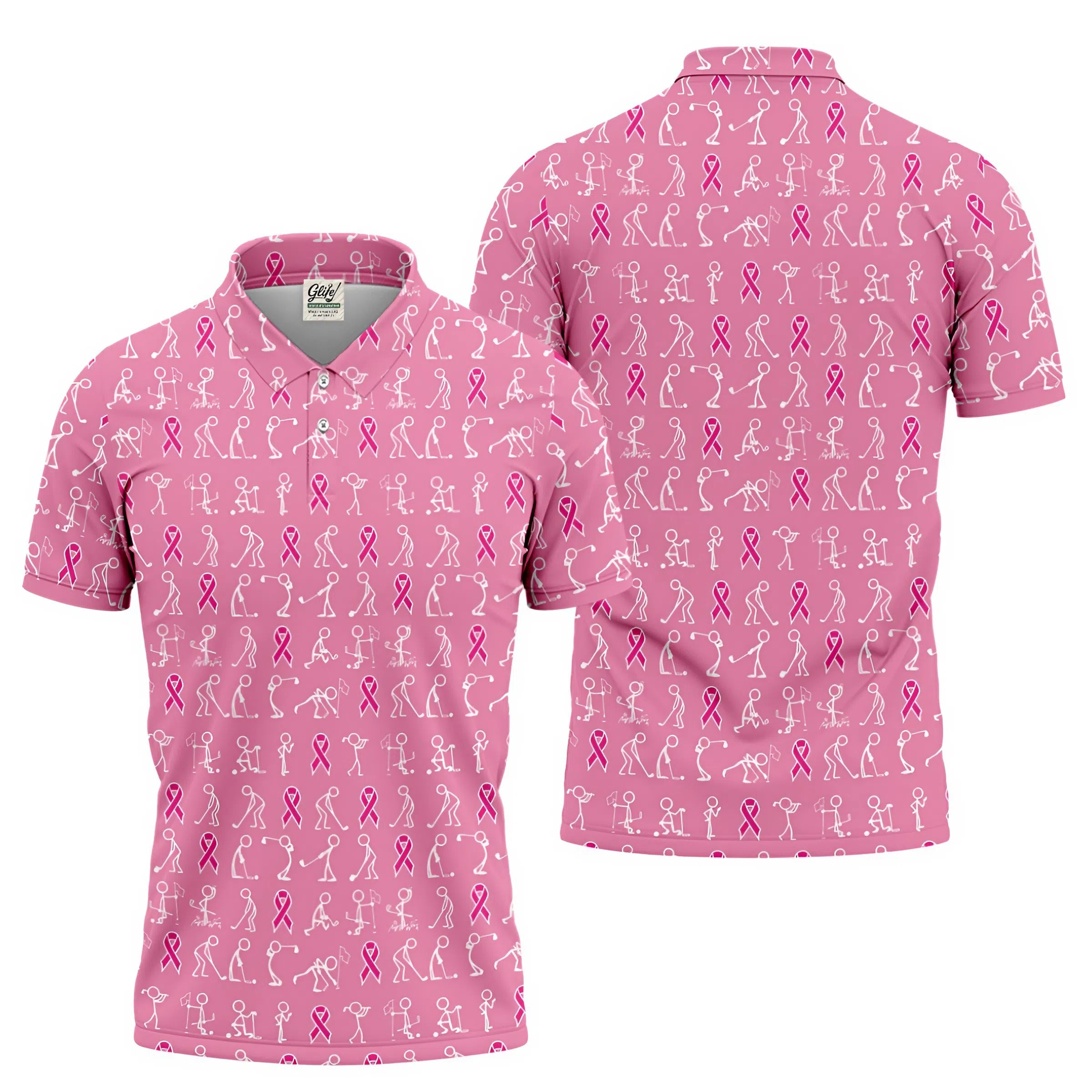 Funny Stick Figure Men's Golf Shirt, Breast Cancer Awareness Shirt, Pink Golf Shirt, Golf Shirts For Men