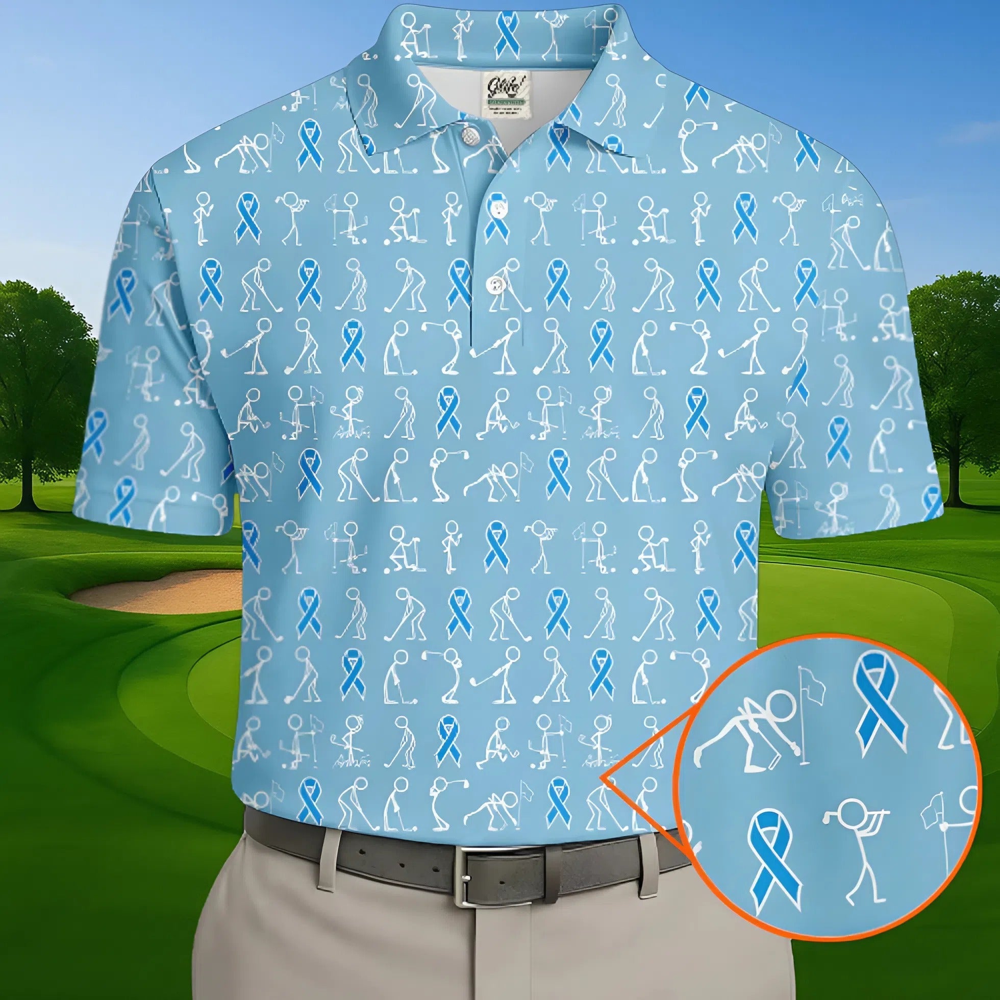Funny Stick Figure Men's Golf Shirt, Prostate Cancer Awareness Shirt, Blue Golf Shirt, Golf Gift For Men