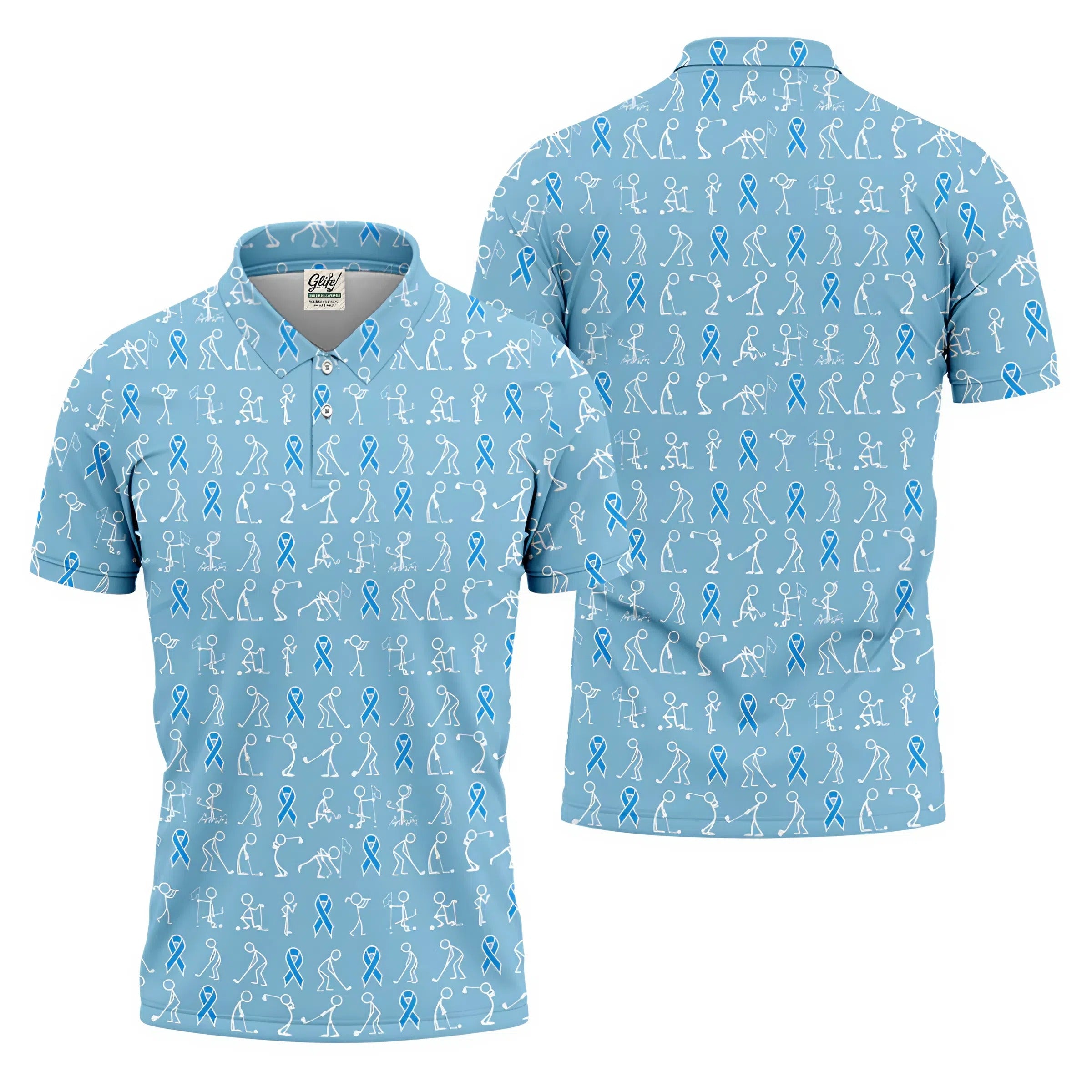 Funny Stick Figure Men's Golf Shirt, Prostate Cancer Awareness Shirt, Blue Golf Shirt, Golf Gift For Men
