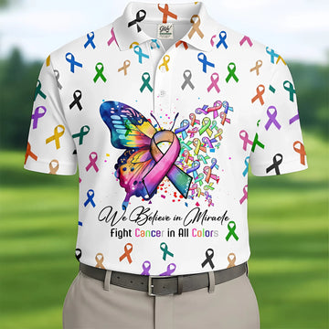 Fight Cancer In All Color Men's Polo Shirt, Cancer Awareness Shirt, Cancer Fighter Shirt, Golf Gift For Men